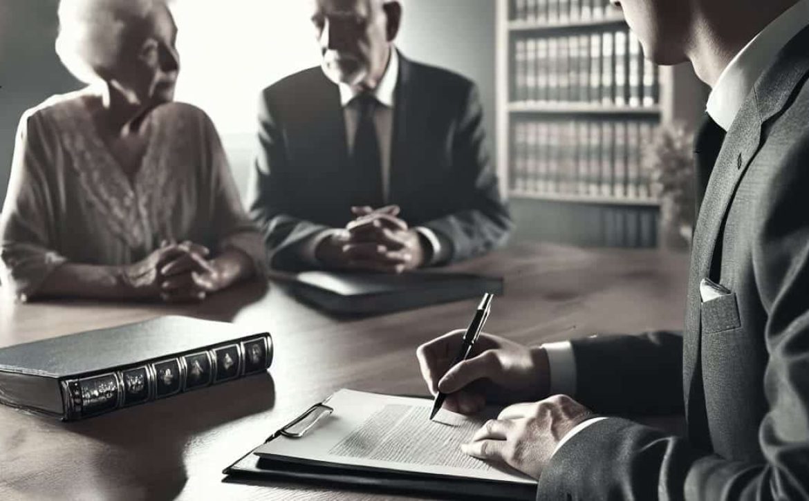 Yaşlı müvekkiller ile miras hukuku hakkında görüşen miras avukatı