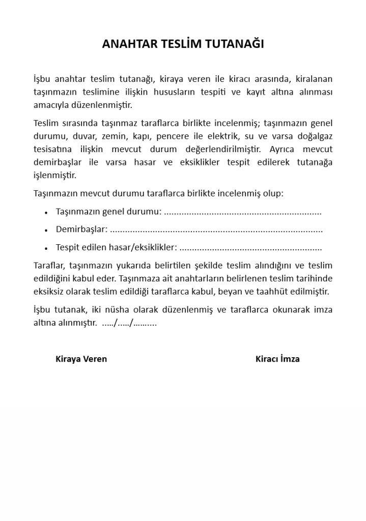 Anahtar Teslim Tutanağı Örnek Görsel